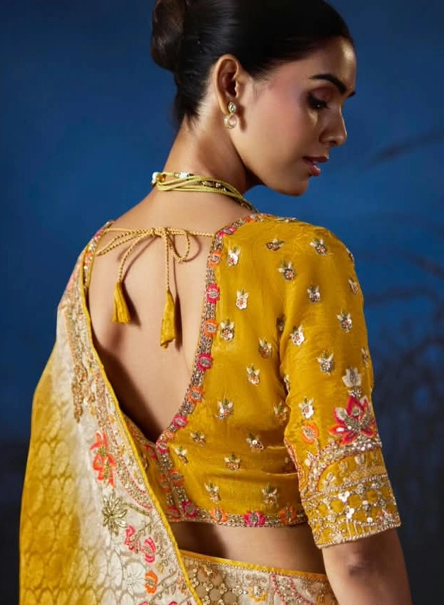 Mustard Yellow Anaara Pure Viscose Zari Tissue Embellished Saree